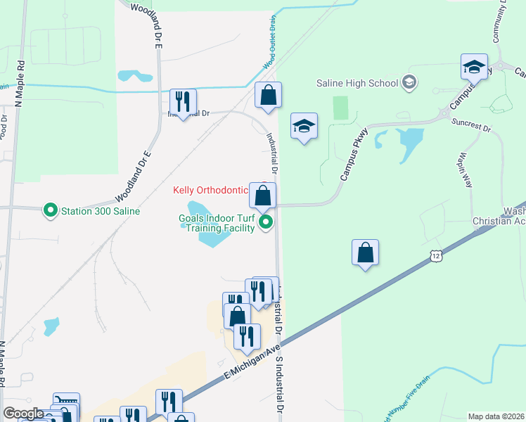 map of restaurants, bars, coffee shops, grocery stores, and more near 1235 Industrial Drive in Saline