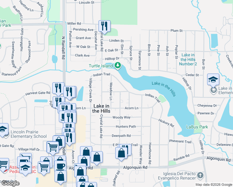 map of restaurants, bars, coffee shops, grocery stores, and more near 10 Woodland Road in Lake in the Hills