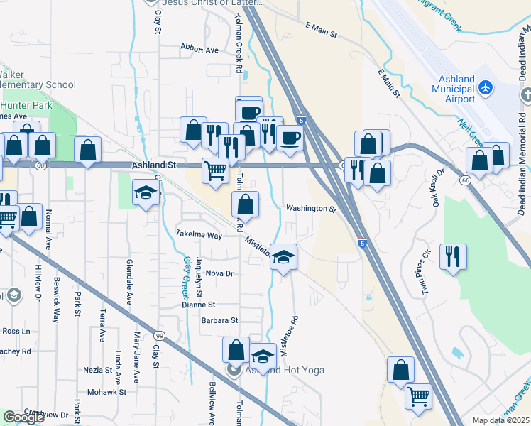 map of restaurants, bars, coffee shops, grocery stores, and more near 688 Tolman Creek Road in Ashland