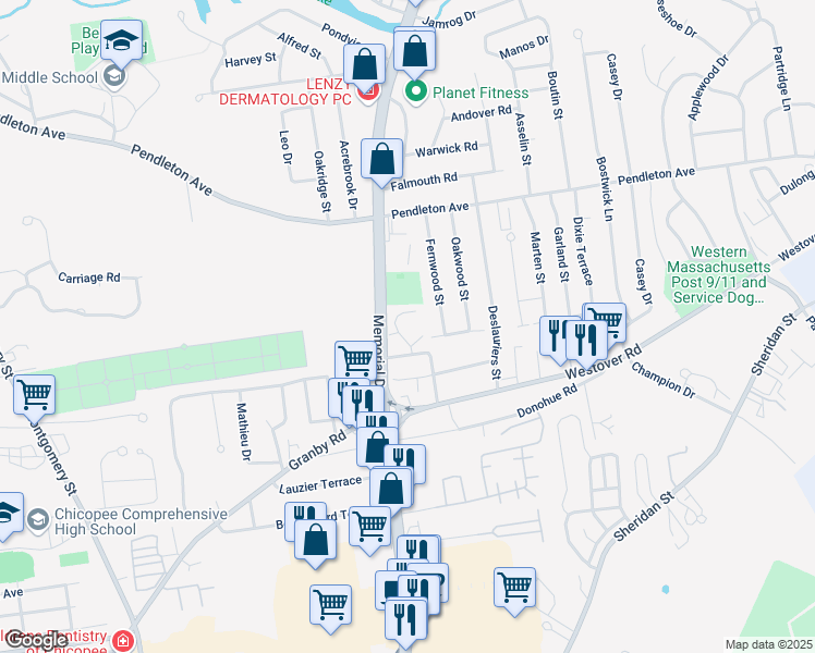 map of restaurants, bars, coffee shops, grocery stores, and more near 929 Memorial Drive in Chicopee