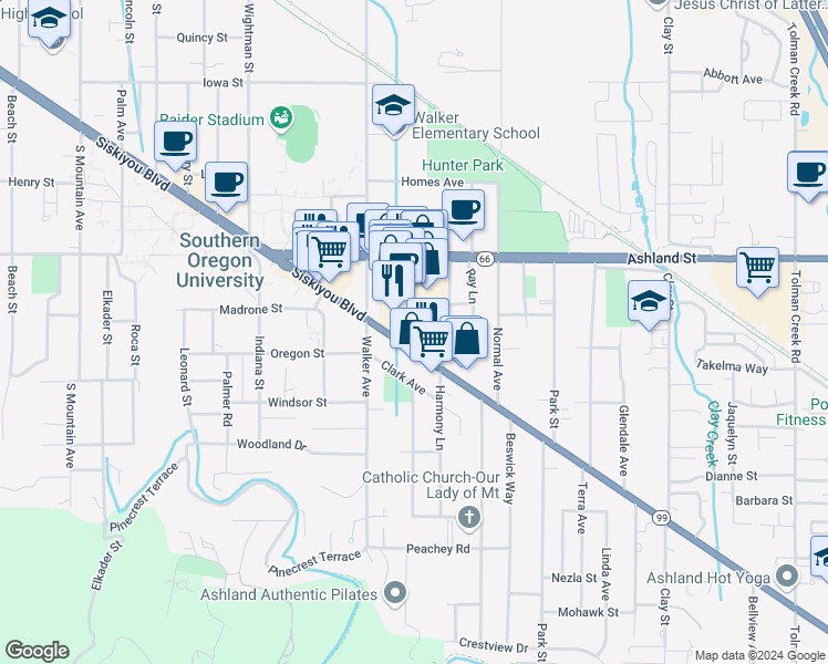 map of restaurants, bars, coffee shops, grocery stores, and more near 1661 Siskiyou Boulevard in Ashland