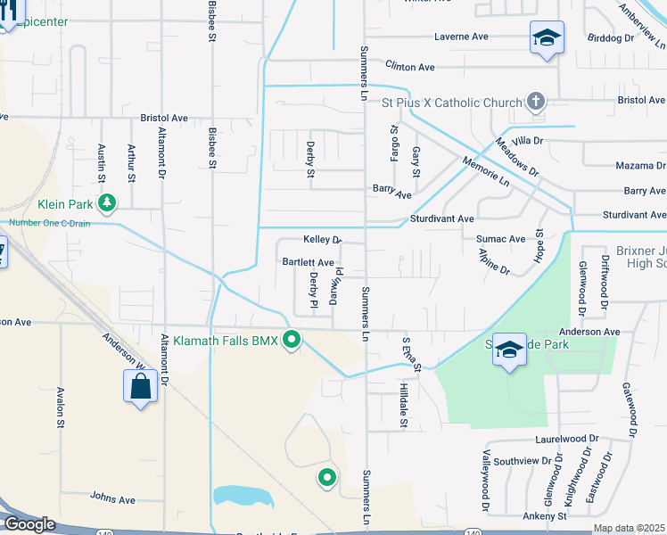 map of restaurants, bars, coffee shops, grocery stores, and more near 3948 Bartlett Avenue in Klamath Falls