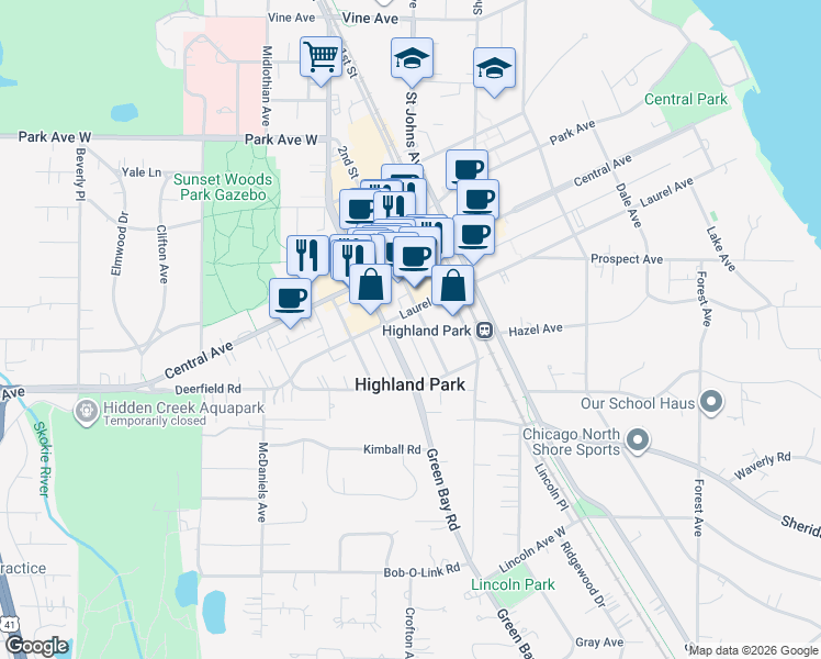 map of restaurants, bars, coffee shops, grocery stores, and more near 1675 Green Bay Road in Highland Park