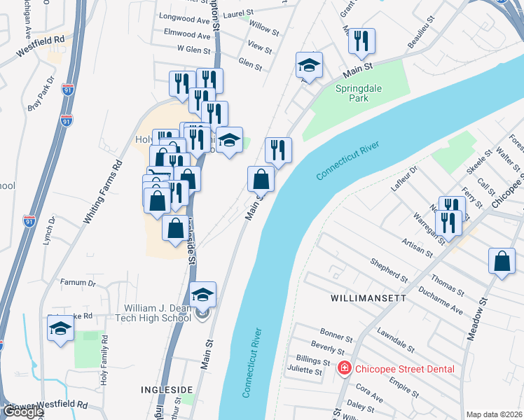 map of restaurants, bars, coffee shops, grocery stores, and more near 950 Main St in Holyoke