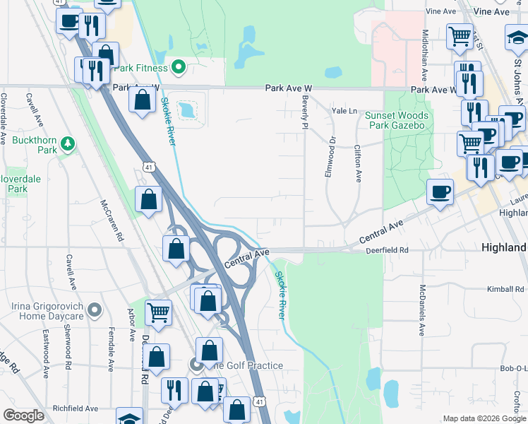 map of restaurants, bars, coffee shops, grocery stores, and more near 1217 Taylor Avenue in Highland Park