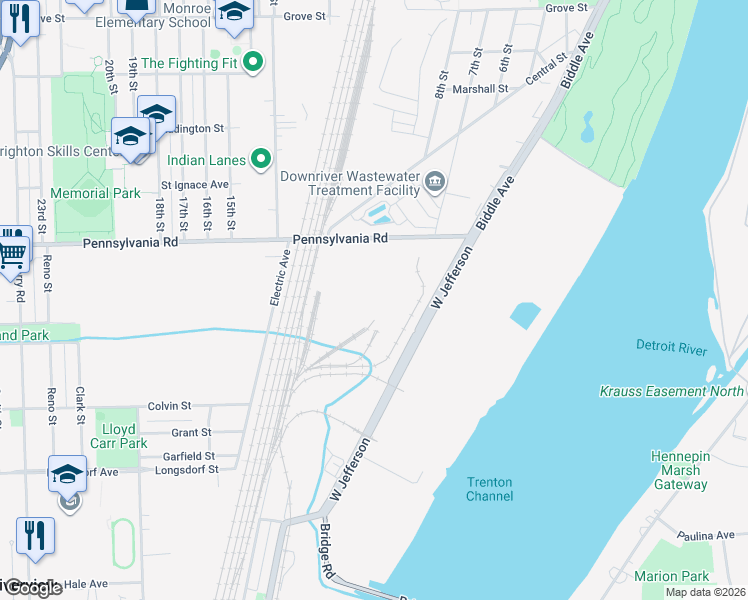 map of restaurants, bars, coffee shops, grocery stores, and more near 17168 Jefferson in Riverview