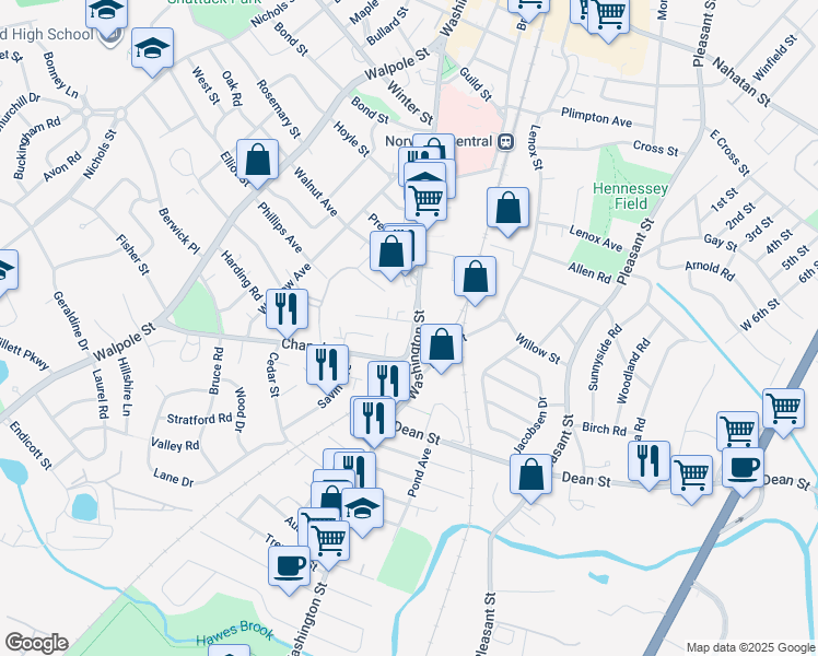 map of restaurants, bars, coffee shops, grocery stores, and more near 955 Washington Street in Norwood