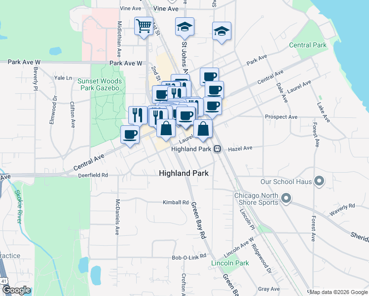 map of restaurants, bars, coffee shops, grocery stores, and more near 1675 Green Bay Road in Highland Park
