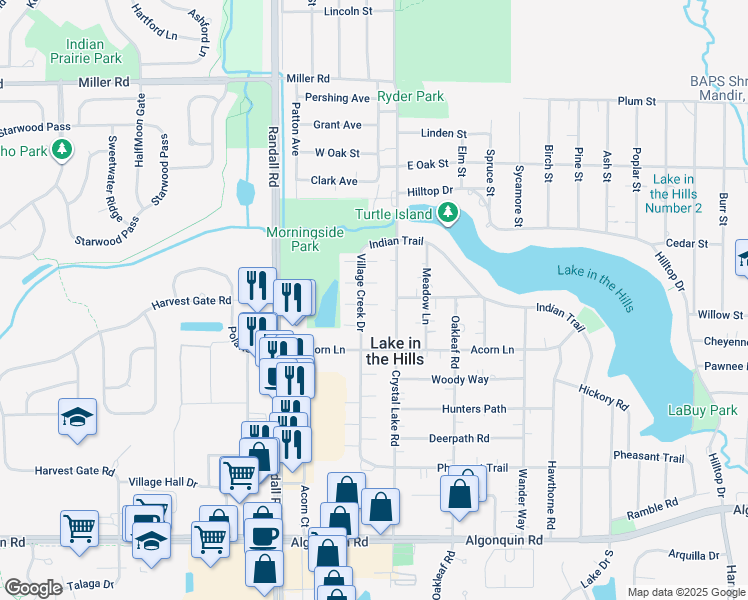 map of restaurants, bars, coffee shops, grocery stores, and more near 321 Village Creek Drive in Lake in the Hills