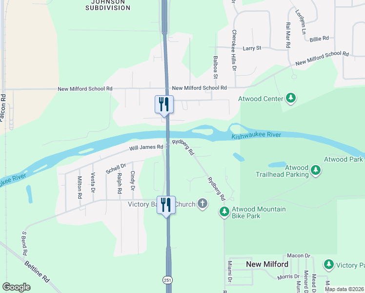 map of restaurants, bars, coffee shops, grocery stores, and more near 6801 Rydberg Road in Rockford