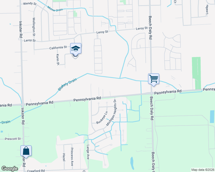 map of restaurants, bars, coffee shops, grocery stores, and more near 26386 Pennsylvania Road in Taylor
