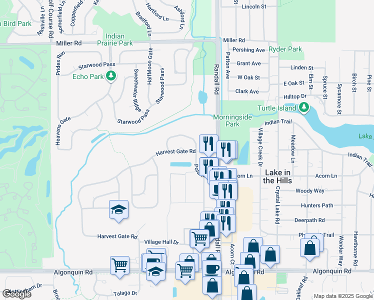map of restaurants, bars, coffee shops, grocery stores, and more near 84 Harvest Gate in Lake in the Hills