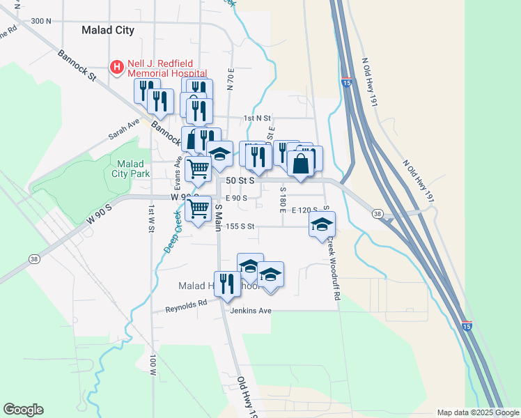 map of restaurants, bars, coffee shops, grocery stores, and more near 129 East 155 South Street in Malad City