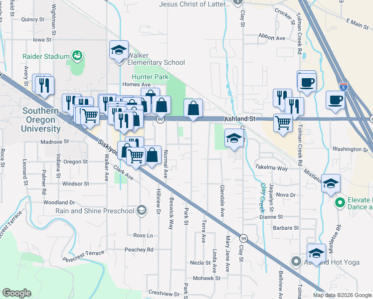map of restaurants, bars, coffee shops, grocery stores, and more near 665 Park Street in Ashland