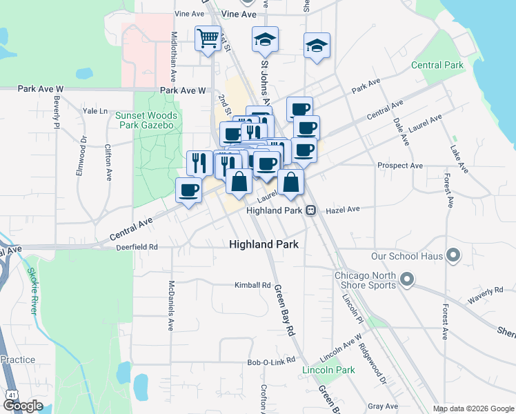 map of restaurants, bars, coffee shops, grocery stores, and more near 1675 Green Bay Road in Highland Park