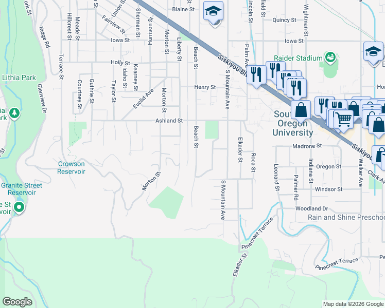 map of restaurants, bars, coffee shops, grocery stores, and more near 651 Beach Street in Ashland