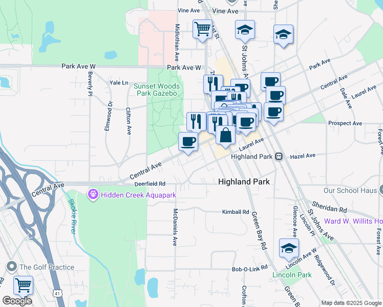 map of restaurants, bars, coffee shops, grocery stores, and more near 806 Central Avenue in Highland Park