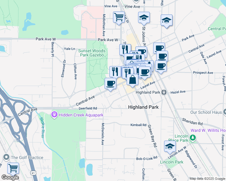 map of restaurants, bars, coffee shops, grocery stores, and more near 806 Central Avenue in Highland Park