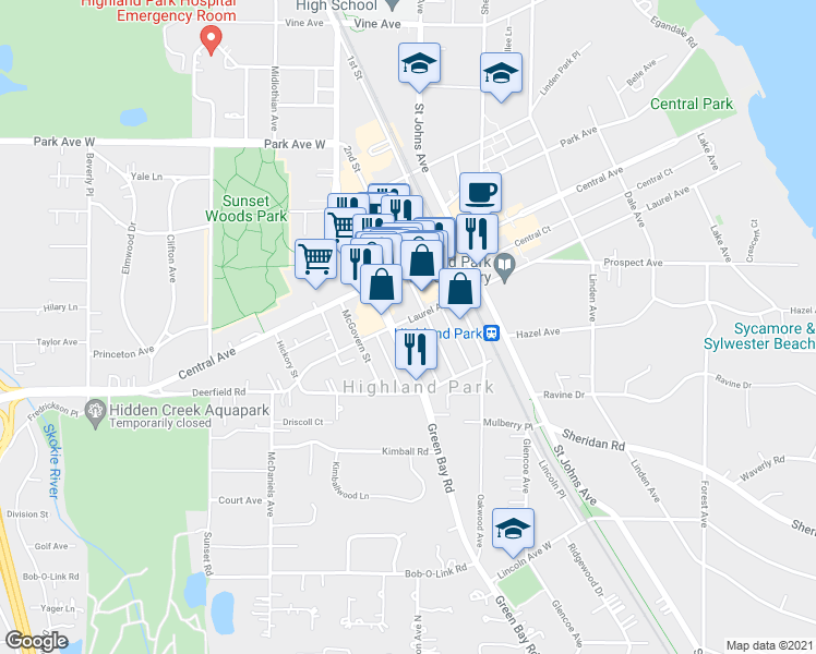 map of restaurants, bars, coffee shops, grocery stores, and more near 1675 Green Bay Road in Highland Park