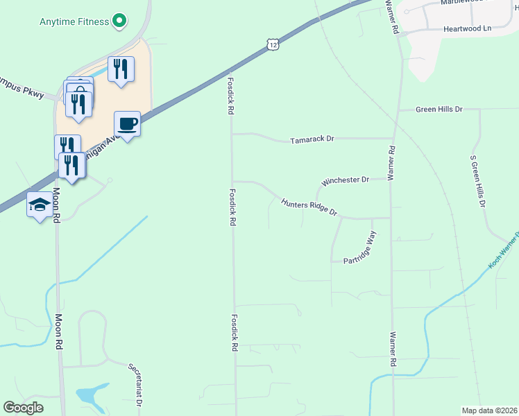 map of restaurants, bars, coffee shops, grocery stores, and more near 7303 Fosdick Road in Saline