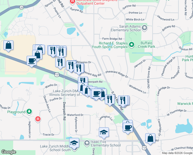 map of restaurants, bars, coffee shops, grocery stores, and more near 469 Pheasant Ridge Drive in Lake Zurich