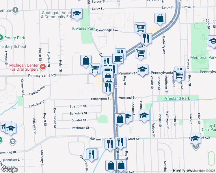 map of restaurants, bars, coffee shops, grocery stores, and more near 17120 Fort Street in Riverview