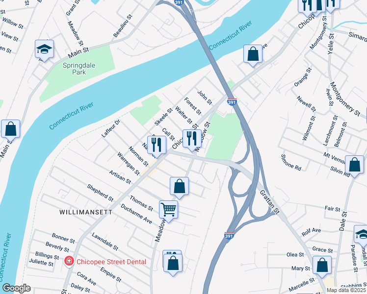 map of restaurants, bars, coffee shops, grocery stores, and more near 1191 Grattan Street in Chicopee