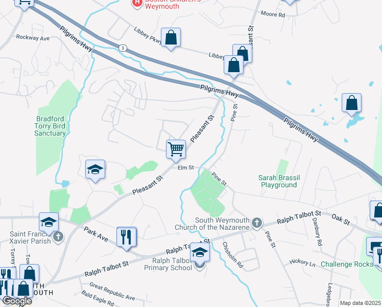 map of restaurants, bars, coffee shops, grocery stores, and more near 475 Pleasant Street in Weymouth