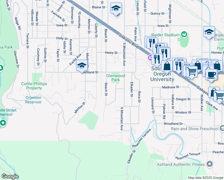 map of restaurants, bars, coffee shops, grocery stores, and more near 680 Beach Street in Ashland
