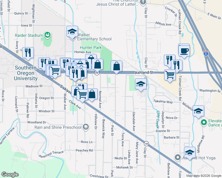 map of restaurants, bars, coffee shops, grocery stores, and more near 665 Park Street in Ashland