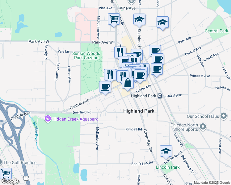 map of restaurants, bars, coffee shops, grocery stores, and more near 801 Laurel Avenue in Highland Park