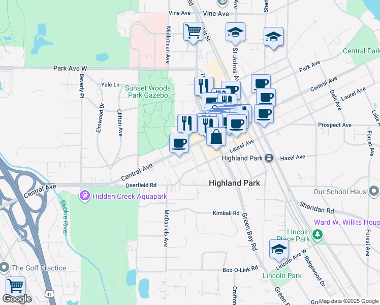 map of restaurants, bars, coffee shops, grocery stores, and more near 801 Laurel Avenue in Highland Park