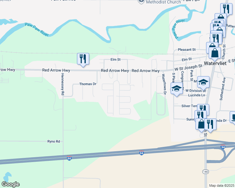 map of restaurants, bars, coffee shops, grocery stores, and more near 7604 Red Arrow Highway in Watervliet