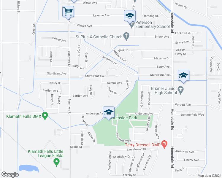 map of restaurants, bars, coffee shops, grocery stores, and more near 4619 Alpine Drive in Klamath Falls