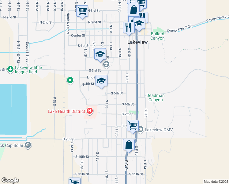 map of restaurants, bars, coffee shops, grocery stores, and more near S I St in Lakeview