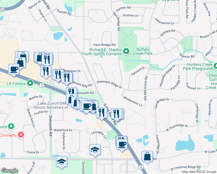 map of restaurants, bars, coffee shops, grocery stores, and more near 885 Silverwood Court in Lake Zurich
