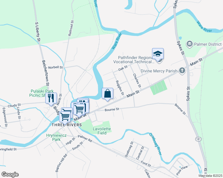 map of restaurants, bars, coffee shops, grocery stores, and more near 6 Ruggles Court in Palmer
