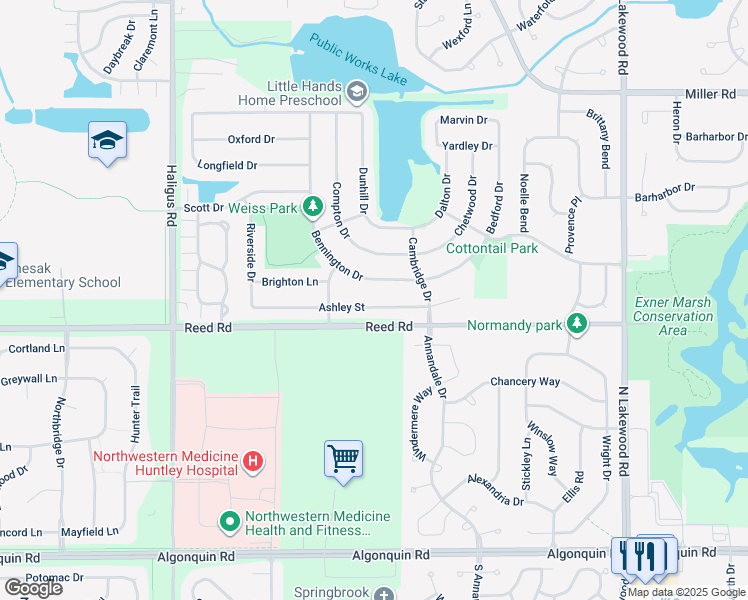 map of restaurants, bars, coffee shops, grocery stores, and more near 10144 Ashley Street in Huntley
