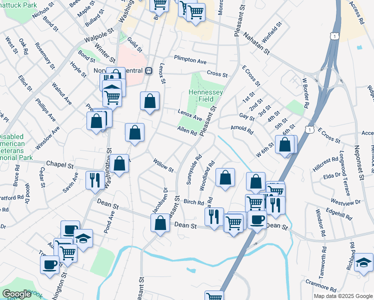 map of restaurants, bars, coffee shops, grocery stores, and more near 195 Sunnyside Road in Norwood