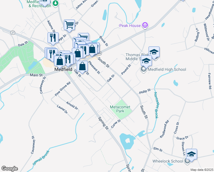 map of restaurants, bars, coffee shops, grocery stores, and more near 9 Pleasant Court in Medfield