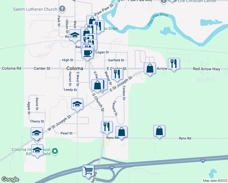 map of restaurants, bars, coffee shops, grocery stores, and more near 311 Tannery Drive in Coloma