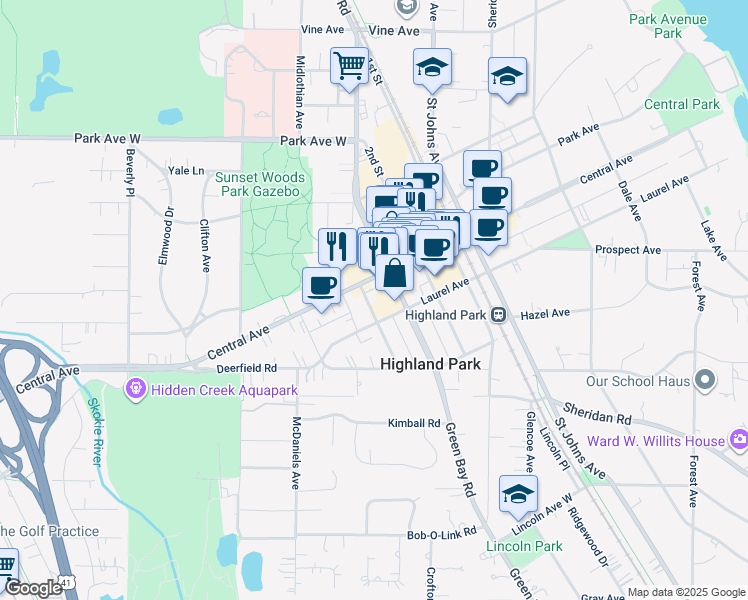 map of restaurants, bars, coffee shops, grocery stores, and more near 746 Laurel Avenue in Highland Park