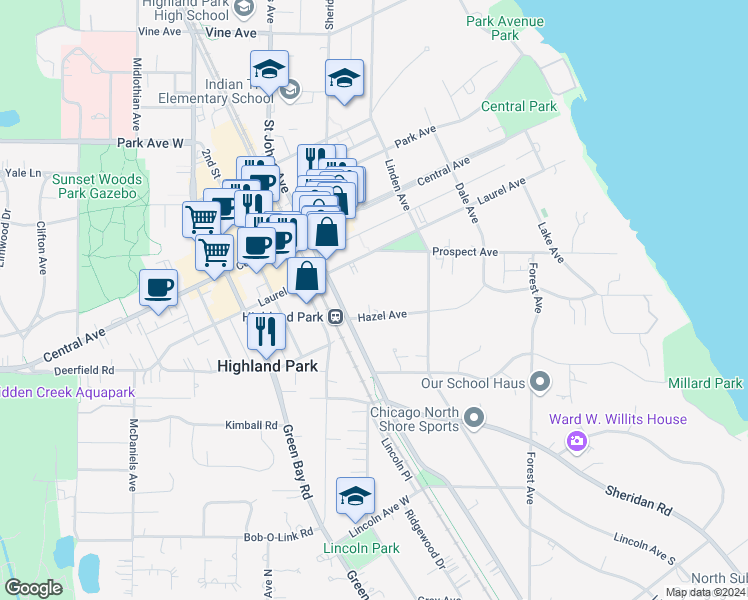 map of restaurants, bars, coffee shops, grocery stores, and more near 484 Laurel Avenue in Highland Park