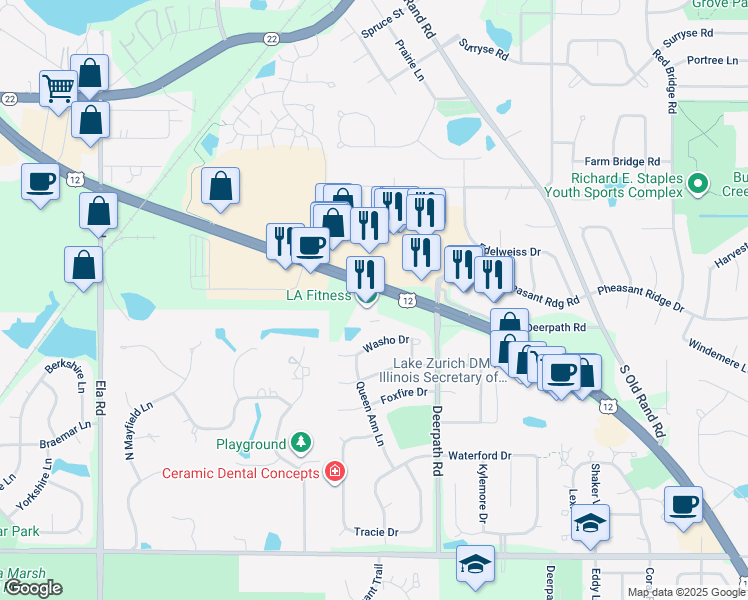 map of restaurants, bars, coffee shops, grocery stores, and more near 825 South Rand Road in Lake Zurich