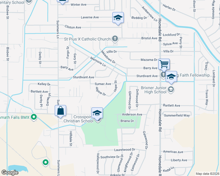 map of restaurants, bars, coffee shops, grocery stores, and more near 4615 Maplewood Court in Klamath Falls