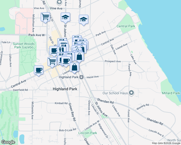 map of restaurants, bars, coffee shops, grocery stores, and more near 484 Laurel Avenue in Highland Park