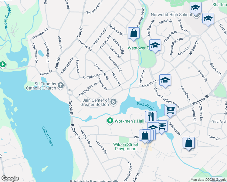 map of restaurants, bars, coffee shops, grocery stores, and more near 7 Greenwich Road in Norwood