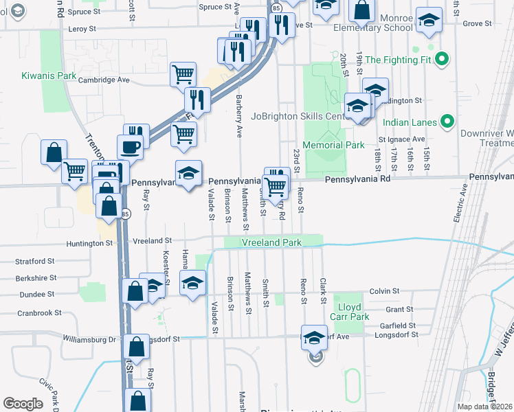 map of restaurants, bars, coffee shops, grocery stores, and more near 17066 Smith Street in Riverview