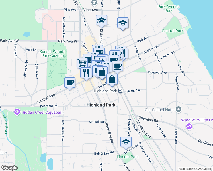 map of restaurants, bars, coffee shops, grocery stores, and more near 1770 1st Street in Highland Park