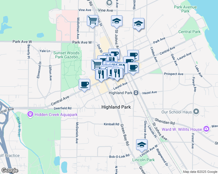 map of restaurants, bars, coffee shops, grocery stores, and more near 1774 2nd Street in Highland Park